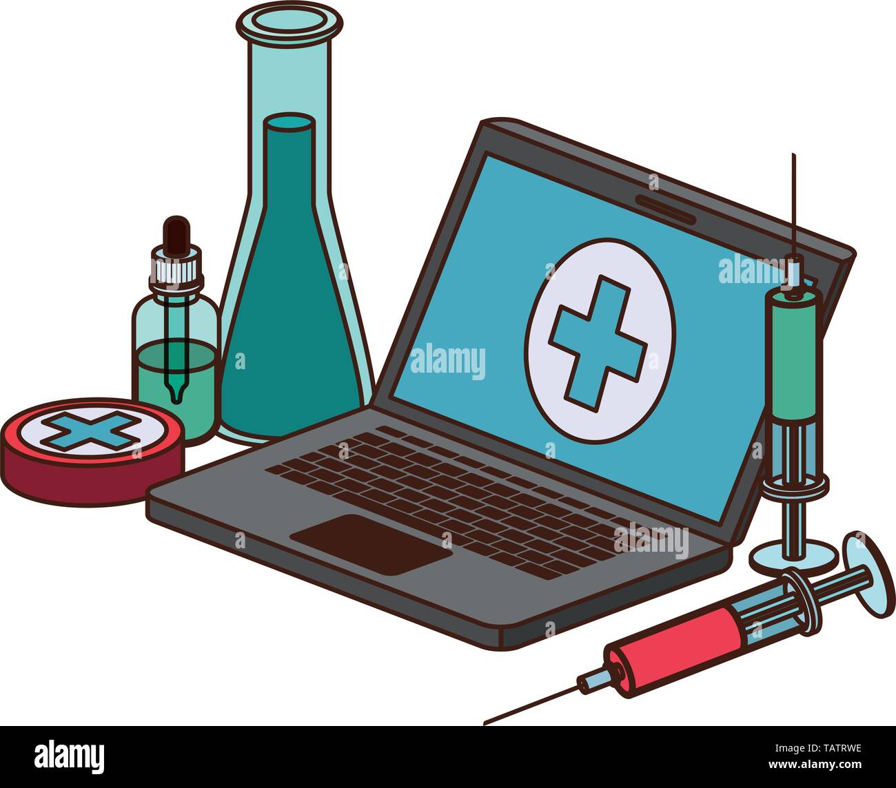 laptop and laboratory instruments isolated icon Stock Vector