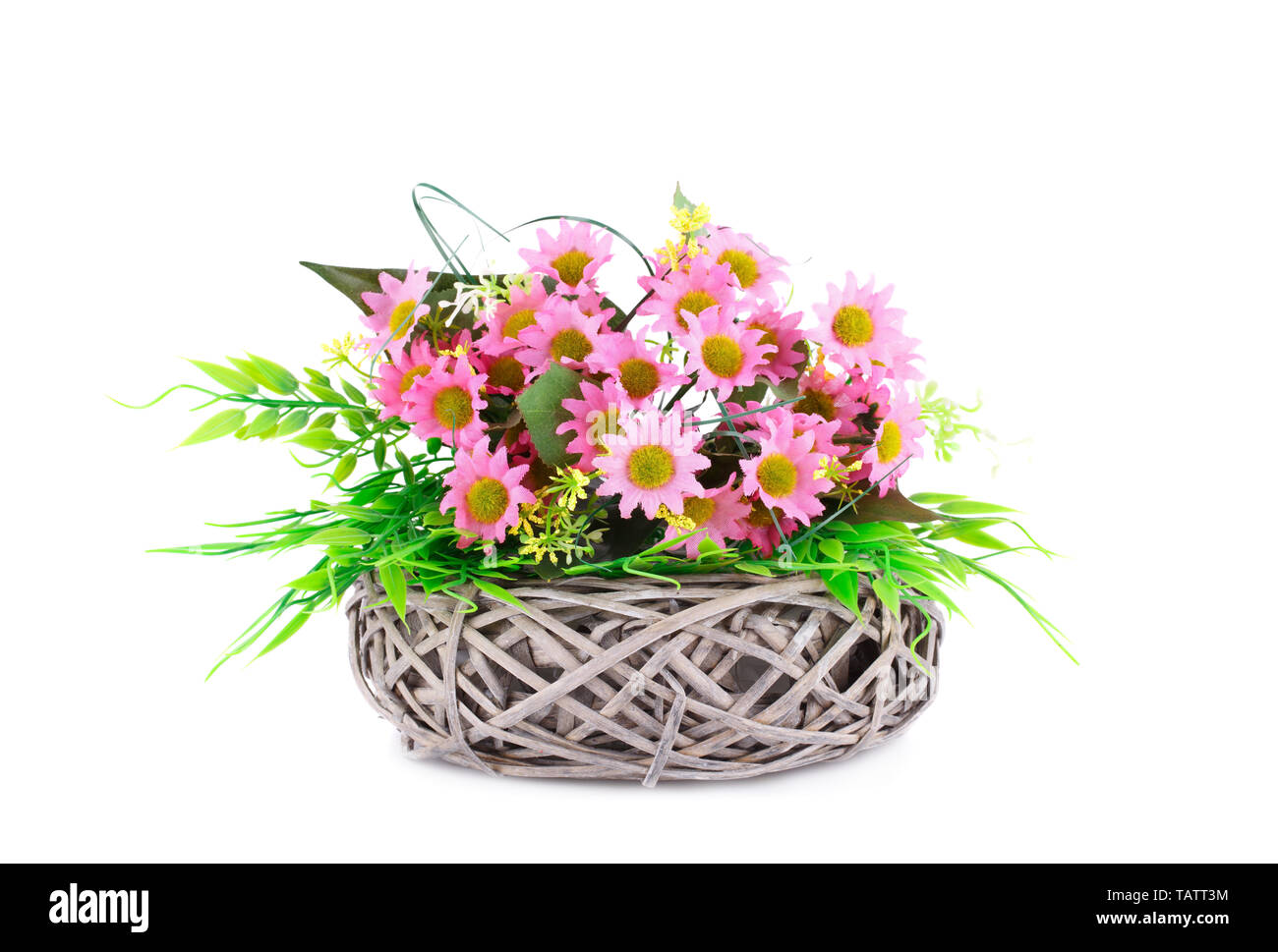 Pink fabric flowers in wicker basket isolated on white background Stock ...