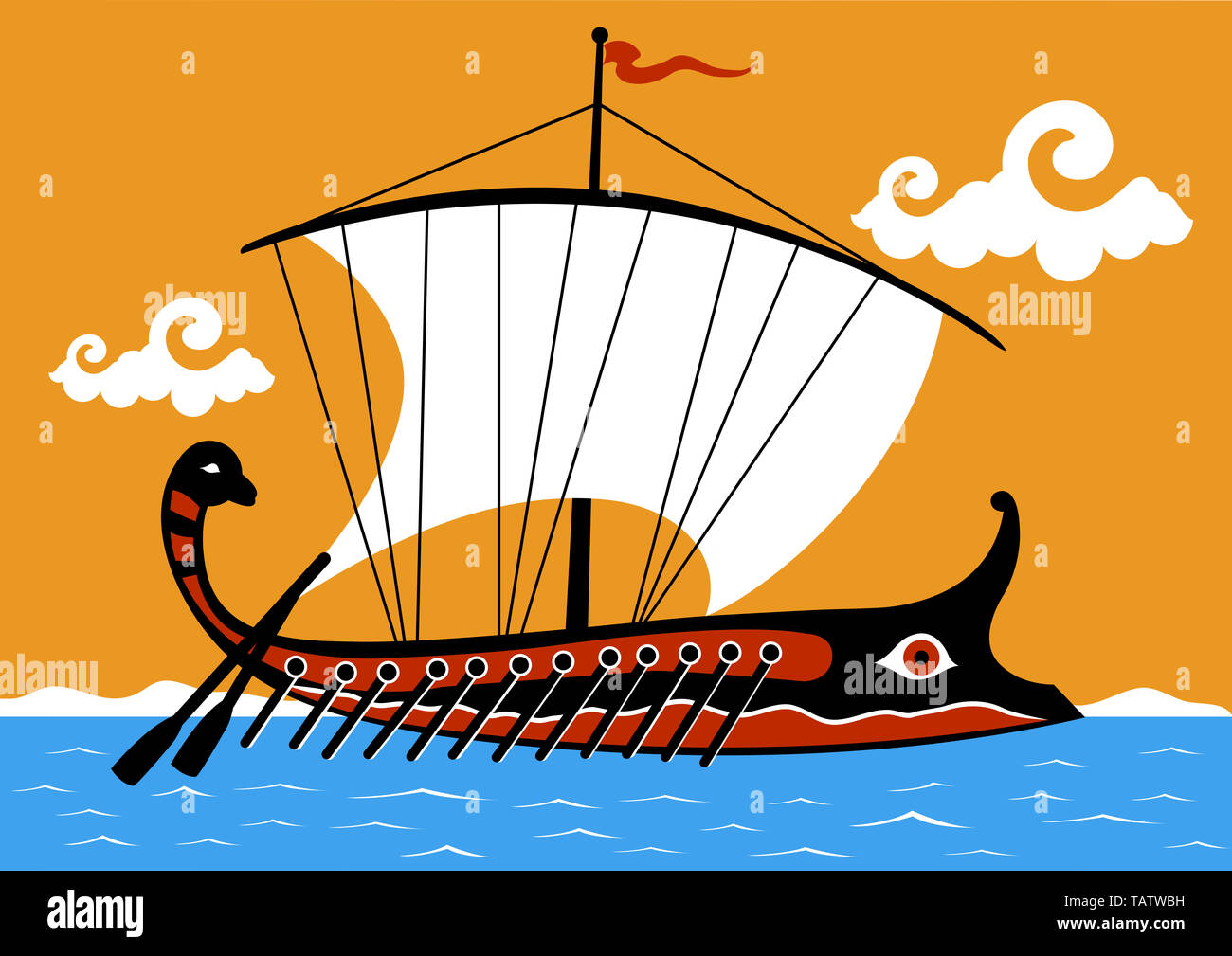 Illustration of an ancient Greek ship sailing on the sea. Stock Photo