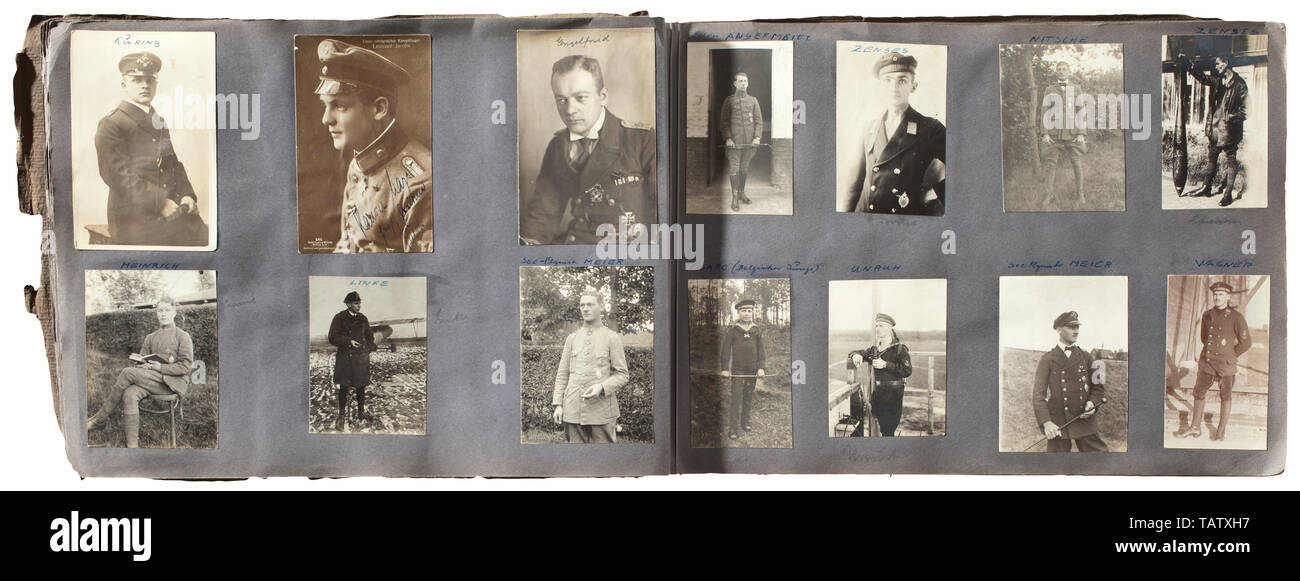 Two photograph albums belonging to the navy pilot and 'Freikorps' fighter Franz Meyer, Extremely well labelled, in total circa 580 photographs beginning with naval aviator training, deployment in World War I, predominantly at the Western front (Flanders), through to service in the Baltic States with the 1. Garde-Reserve-Division in 1919. A whole range of photographs with many types of aeroplane, some with identification numbers, coats of arms (Malings) and camouflage paint, many pictures of technical equipment like machine guns, cockpits, crash landings. Numerous portraits , Editorial-Use-Only Stock Photo