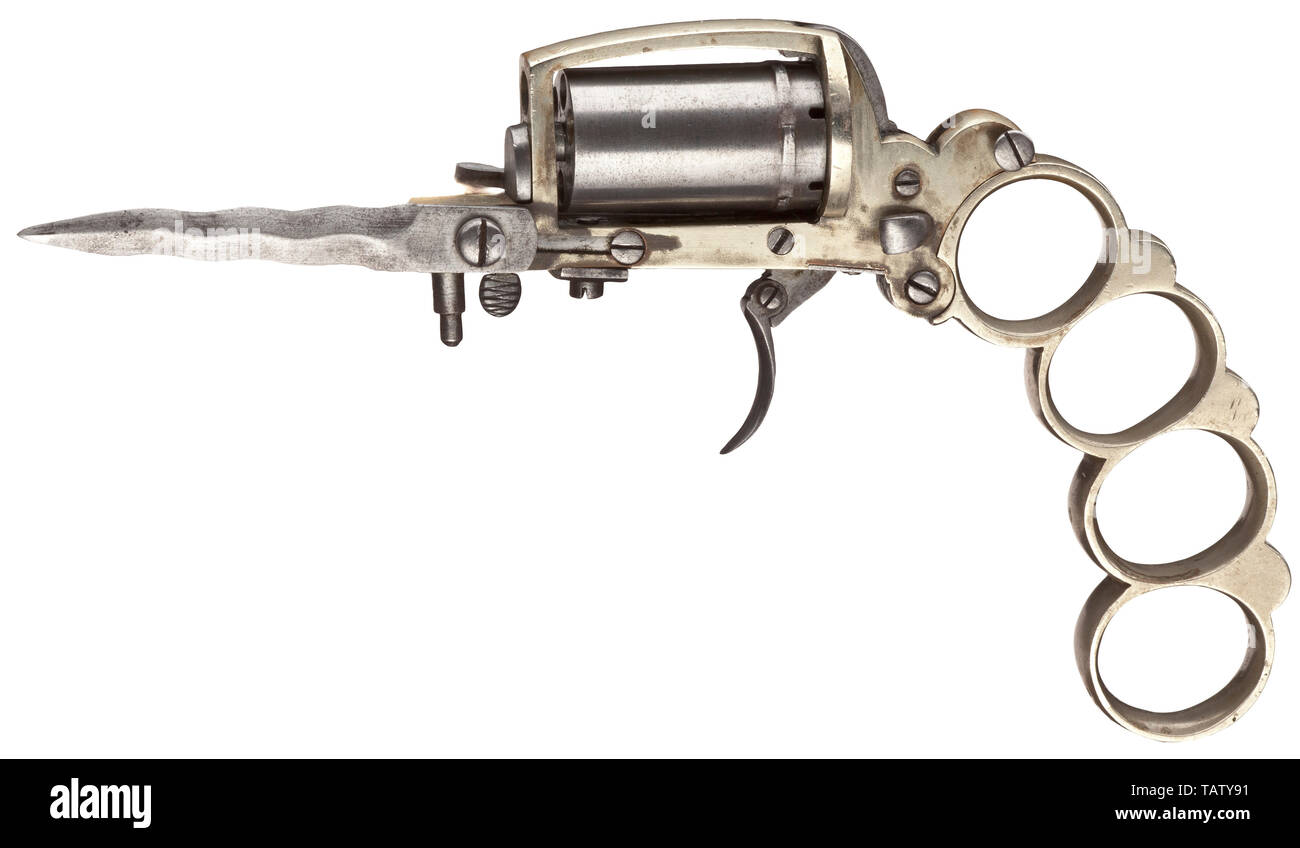 An 'Apache' revolver, Dolne System, in its case, circa 1870, A combination of revolver, waved dagger and knuckleduster. In rare calibre 5 mm SF. no. 470. Front right of frame signed 'DOLNE-BAR / INV.BREVETE 470'. Produced in Liège. Double action. Early model with unfluted, six-shot cylinder. Folding trigger. Steel cylinder, dagger, trigger, fittings and screws, without finish. Nickel frame and knuckleduster, partially few spots. Very good overall condition of a rare collector's item. Gentle cleaning may improve appearance. Comes in black, later i, Additional-Rights-Clearance-Info-Not-Available Stock Photo