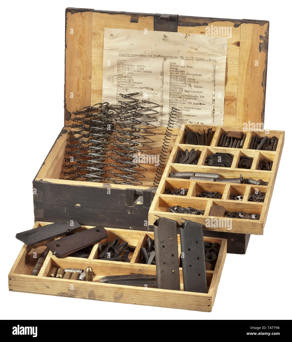 A supply box for automatic Pistol M/1914 (Colt Kongsberg) of Wehrmacht,  Massive wooden box in field-grey, dimensions 35 x 21 x 12 cm, on lid  stencilled in white ERGÄNZUNGSKASTEN für Coltpistole, with