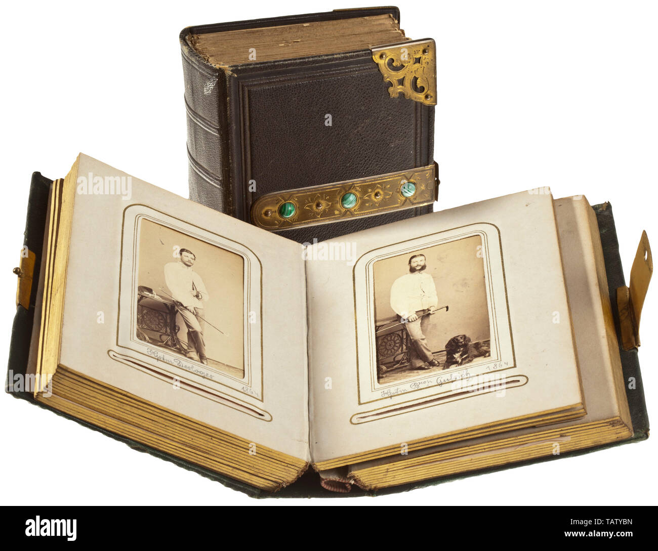 Two photograph albums with carte de visite photographs of the Austrian army  and aristocracy 1864 - 1866, Albums with leather binding, brass fittings  and clasps, pages and cover binding partly loosened or