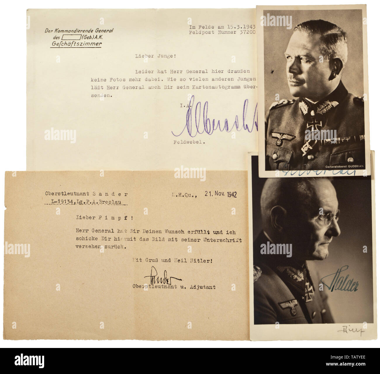 An album with photographs/portraits of Knight's Cross winners, mostly with dedication or original signatures, Partly captioned, with approx. 70 inserted or glued-in photographs and picture postcards of many highly decorated members of the Wehrmacht from all branches of service. Mostly of size 9 x 13 cm, with autograph or original signature in ink, some with stamped signature. Partly enclosed is the original correspondence, in which the Hitler Youth Kurt Heß requests to be sent a signed photograph. The high-quality portrait photographs show famous winners such as Mölders, v., Editorial-Use-Only Stock Photo