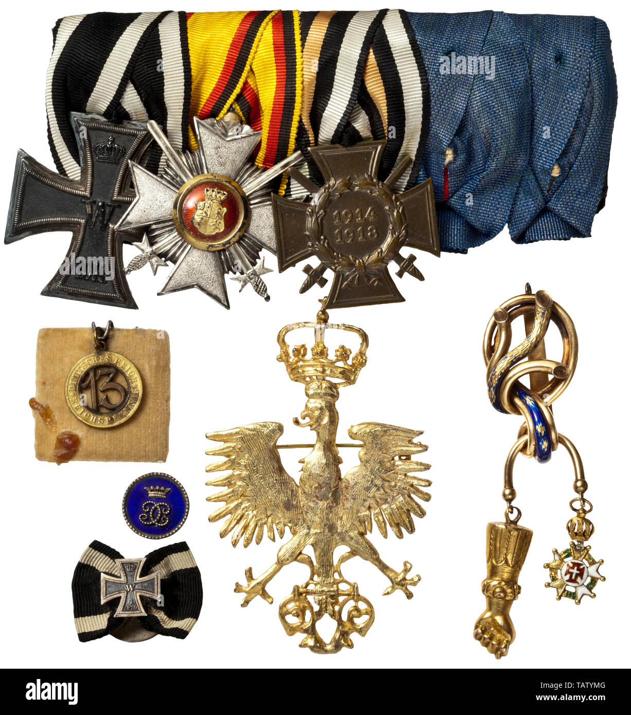 Princes Reuß - an Orders clasp and miscellaneous items, A five-part orders clasp belonging to a yet unidentified member of the family, with Prussia: Iron Cross 2nd Class 1914, Reuss: Honour Cross 3rd Class with Swords, Honour Cross of the World War 1914/1918 for Combatants 1934 and two Wehrmacht long service awards (removed). A buttonhole miniature of the Iron Cross 1870, probably belonging to the Cavalry General, Prince Heinrich XVIII Reuß, together with various family pieces of jewellery and talismans. Also, the framed poem 'Fischinger' with a dedication from the author t, Editorial-Use-Only Stock Photo