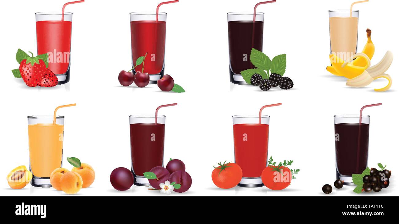 Fresh fruit and vegetable juice in glass. Set of vector icons. Eps 10 ...