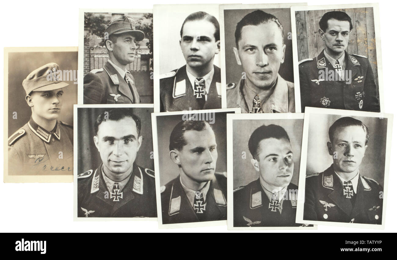A collection of more than 90 portrait photographs of Knight's Cross winners, The photographs mostly of size 9 x 11.5 cm, the reverse with glued description and stamp 'Presse Heinrich Hoffmann'. Predominantly members of the Luftwaffe, mainly pilots wearing the Knight's Cross of the Iron Cross. The pictures show, among others, Lemcke, Augenstein, Andres, Düttmann, Brandenburg, Kirn, Gratz, Birkner, Dähne. Mainly Knight's Cross winners decorated in 1943 and 1944. Interesting photographs of highly decorated pilots, most of whom received the awards in 1944, the year that marked , Editorial-Use-Only Stock Photo
