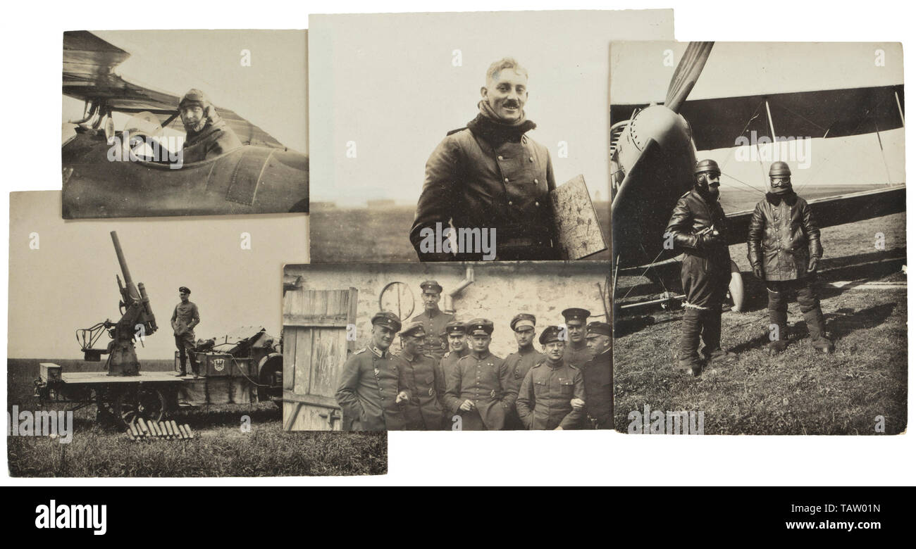 Photographs of the Bavarian Artillery Aviation Unit 101, More than 200 photographs from the estate of a member of the Bavarian flying corps. Among them pictures of various aircraft types, the aircraft with markings and universal paintwork, good technical images of engines and weapons, aerial photographs. Pilots in front of their aircraft, some wearing orders and special flight clothing. The photographs of sizes between 6 x 6 and 11 x 16 cm. troop, troops, armed forces, military, militaria, army, wing, group, air force, air forces, historic, historical 20th century, Editorial-Use-Only Stock Photo