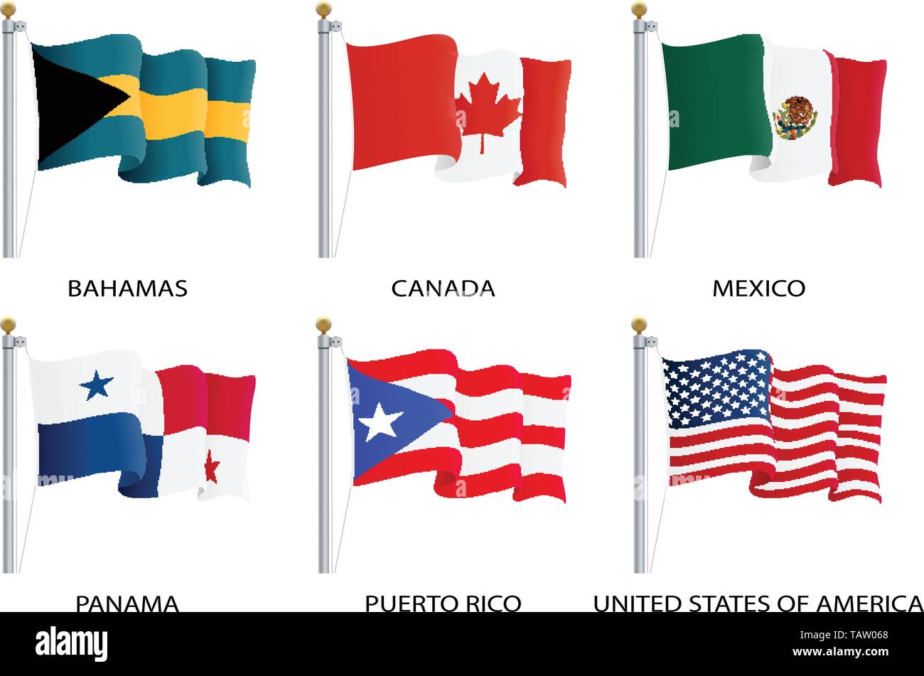 Realistic waving flags of North America continent. USA, Canada, Bahamas, Mexico, Panama, Costa Rico flag on flagpole. Patriotic symbols isolated Stock Vector