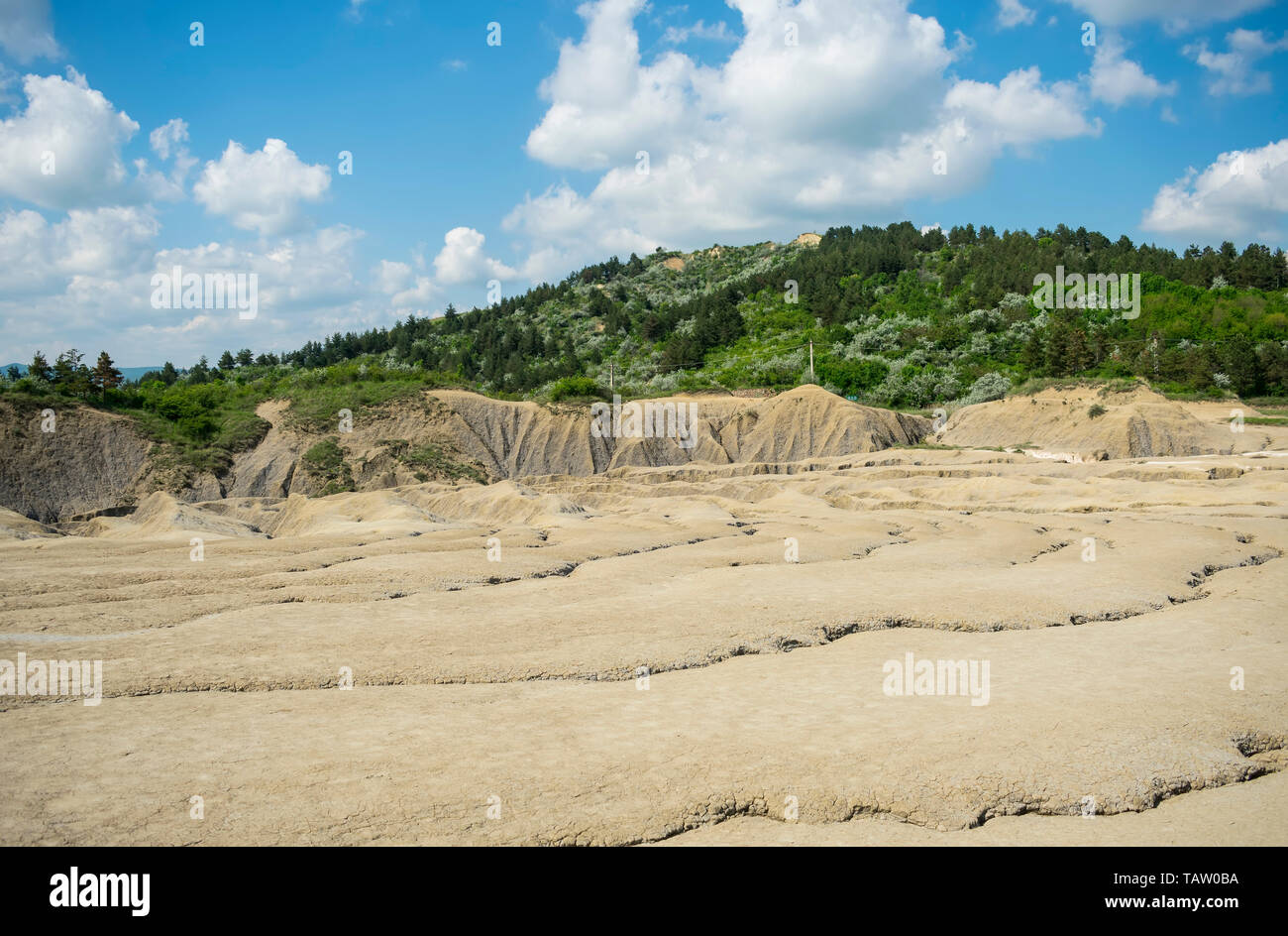 Eroded barren land landscape with water torrents trenches and green hills in the background , near Buzau , Romania Stock Photo