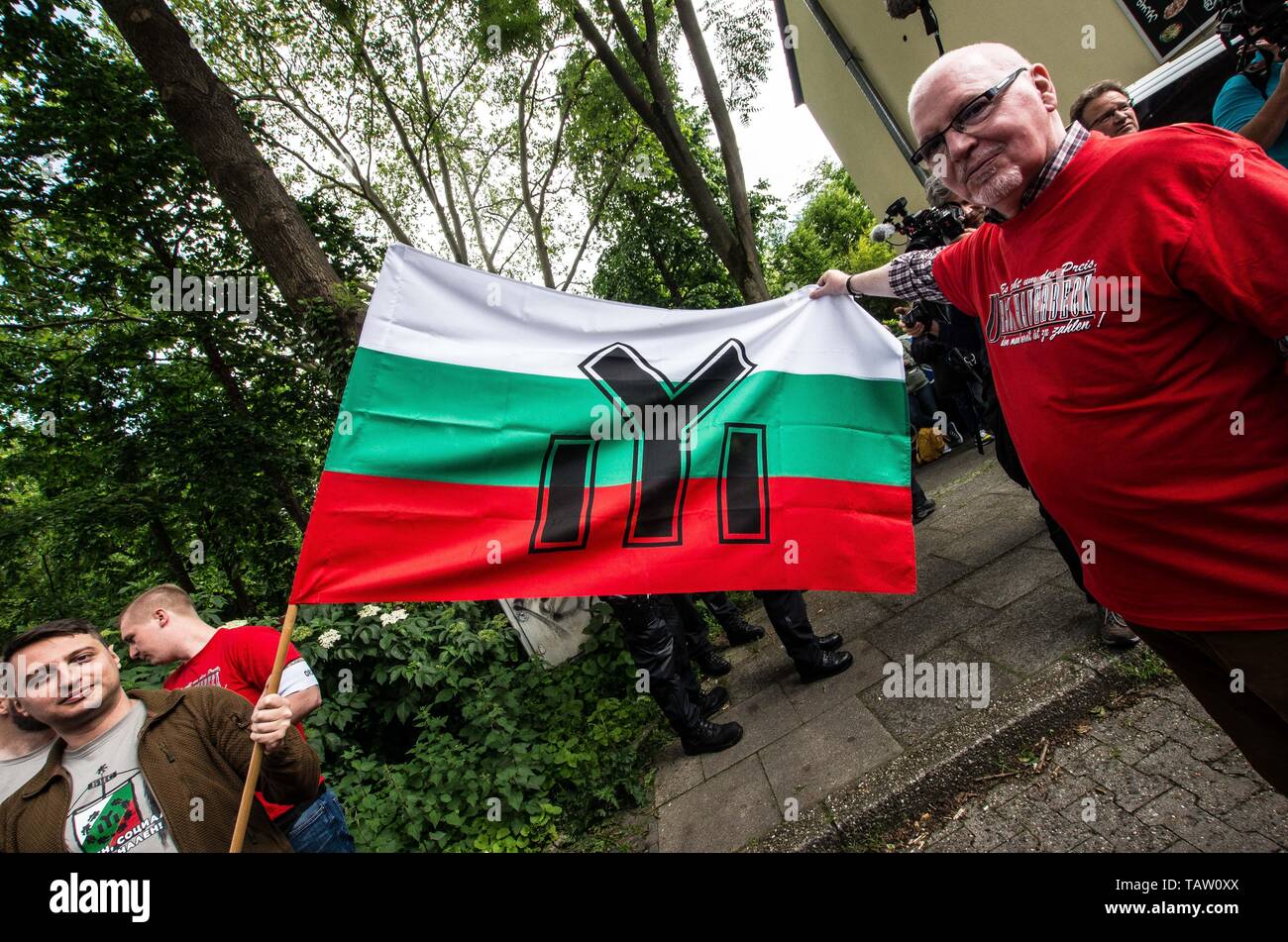Dortmund, Nordrhein Westfalen, Germany. 25th May, 2019. The flag of the Bulgarian BNS Bulgarski Nationalen Sajuz Bulgarische Nationalbund neonazi group as seen at a rally in Dortmund, Germany. Prior to the European Elections, the neonazi party Die Rechte (The Right) organized a rally in the German city of Dortmund to promote their candidate, the incarcerated Holocaust denier Ursula Haverbeck. The demonstration and march were organized by prominent local political figure and neonazi activist Michael Brueck (Michael BrÃ¼ck) who enlisted the help of not only German neonazis, but also assistance Stock Photo