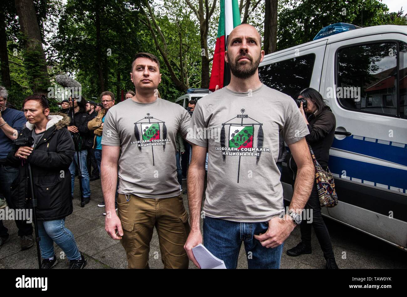 Dortmund, Nordrhein Westfalen, Germany. 25th May, 2019. Members of the BNS Bulgarski Nationalen Sajuz Bulgarischer Nationalbund neonazi group were in Dortmund, Germany expressing support for die Rechte. Prior to the European Elections, the neonazi party Die Rechte (The Right) organized a rally in the German city of Dortmund to promote their candidate, the incarcerated Holocaust denier Ursula Haverbeck. The demonstration and march were organized by prominent local political figure and neonazi activist Michael Brueck (Michael BrÃ¼ck) who enlisted the help of not only German neonazis, but also Stock Photo