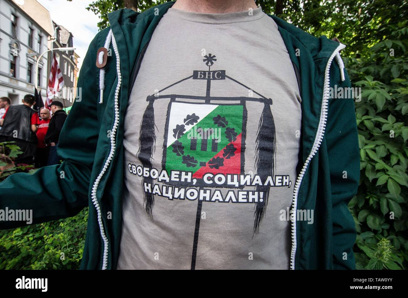 Dortmund, Nordrhein Westfalen, Germany. 25th May, 2019. A shirt worn by a member of the Bulgarian BNS Bulgarski Nationalen Sajuz Bulgarische Nationalbund neonazi group in Dortmund, Germany. Prior to the European Elections, the neonazi party Die Rechte (The Right) organized a rally in the German city of Dortmund to promote their candidate, the incarcerated Holocaust denier Ursula Haverbeck. The demonstration and march were organized by prominent local political figure and neonazi activist Michael Brueck (Michael BrÃ¼ck) who enlisted the help of not only German neonazis, but also assistance fr Stock Photo