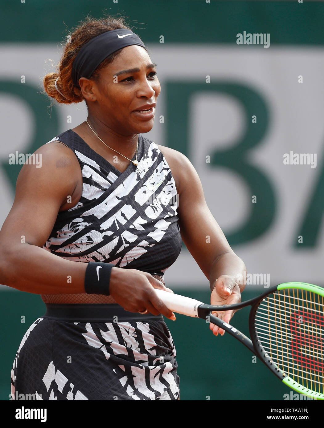 Paris. 27th May, 2019. Serena Williams of the United States reacts during  the women's singles first round match with Vitalia Diatchenko of Russia at French  Open tennis tournament 2019 at Roland Garros