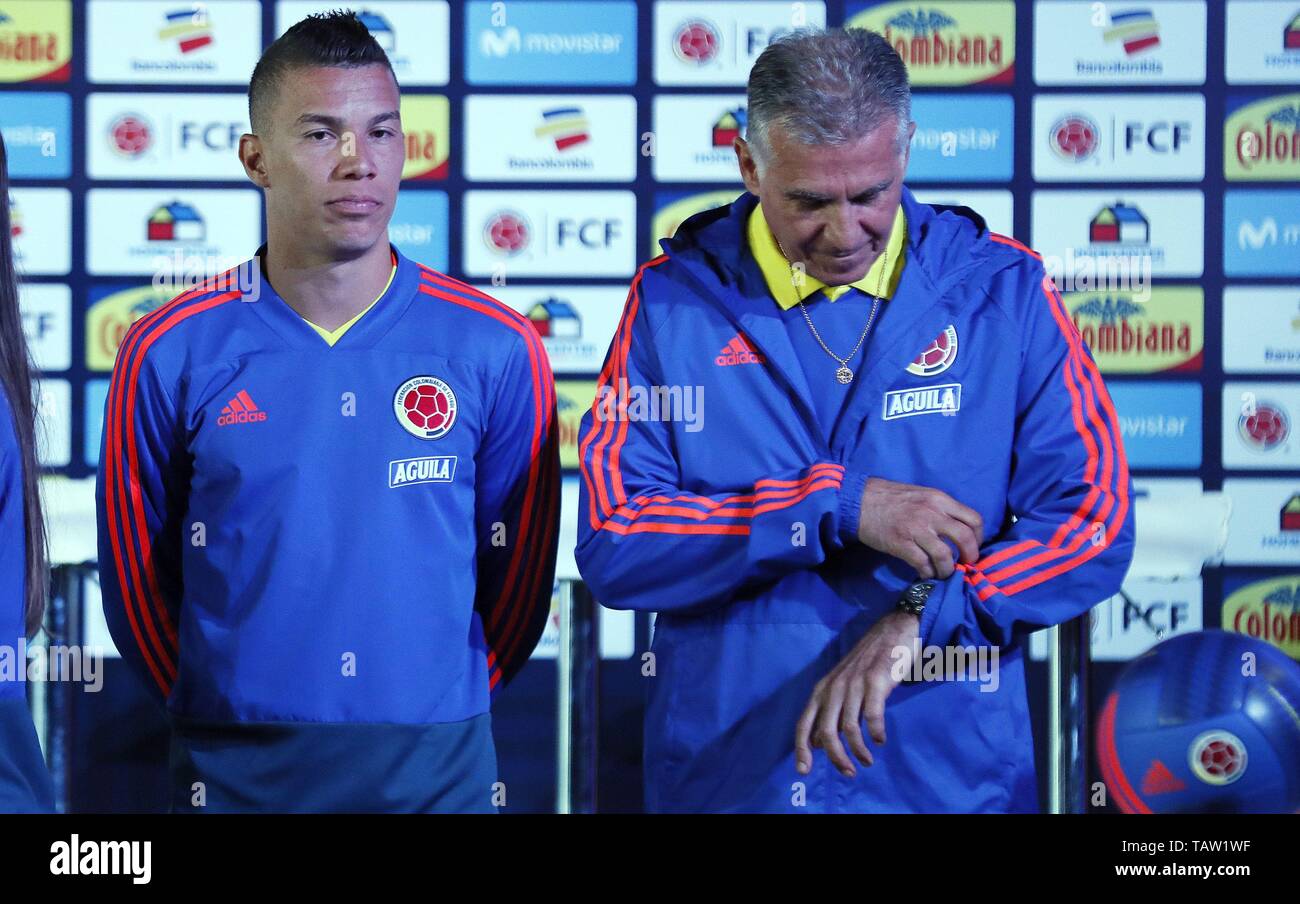 Colombia's national soccer team player Mateus Uribe (L) and the team's head  coach Portuguese Carlos Queiroz attend a press conference in Bogota,  Colombia, 27 May 2019. Colombian team prepares to compete at
