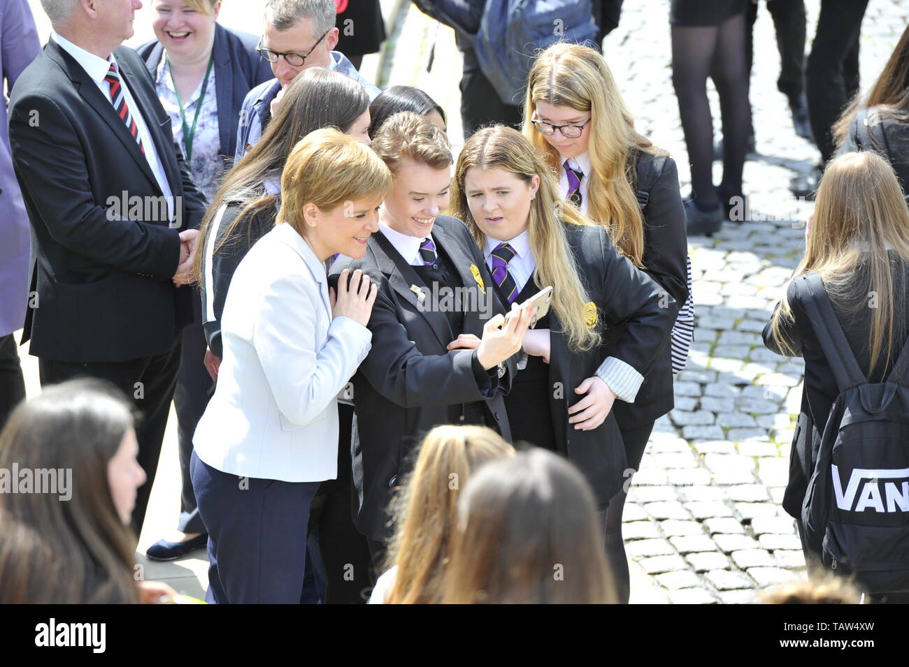 Edinburgh, UK. 28th May, 2019. SNP Leader Nicola Sturgeon welcomes the three newly elected SNP MEPs - Alyn Smith, Christian Allard and Aileen McLeod - following the party's emphatic victory in the European parliament elections. Ms Sturgeon said: “Scotland said no to Brexit in 2016. This emphatic result makes clear, we meant it. “These three first class SNP MEPs will work tirelessly to keep Scotland in Europe, stop Brexit and make Scotland's voice heard at every turn. Credit: Colin Fisher/Alamy Live News Stock Photo