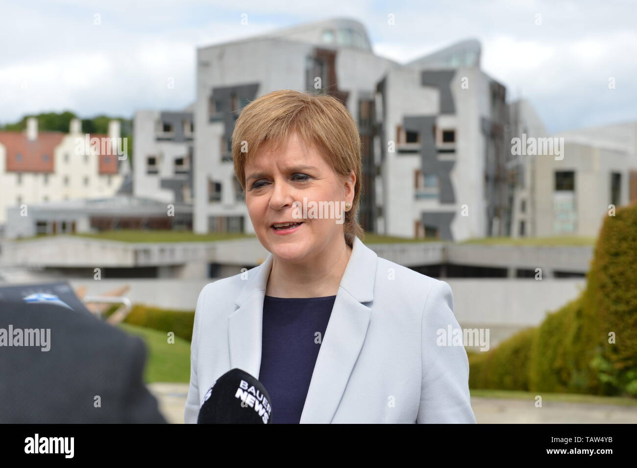 Edinburgh, UK. 28th May, 2019. SNP Leader Nicola Sturgeon welcomes the three newly elected SNP MEPs - Alyn Smith, Christian Allard and Aileen McLeod - following the party's emphatic victory in the European parliament elections. Ms Sturgeon said: “Scotland said no to Brexit in 2016. This emphatic result makes clear, we meant it. “These three first class SNP MEPs will work tirelessly to keep Scotland in Europe, stop Brexit and make Scotland's voice heard at every turn. Credit: Colin Fisher/Alamy Live News Stock Photo