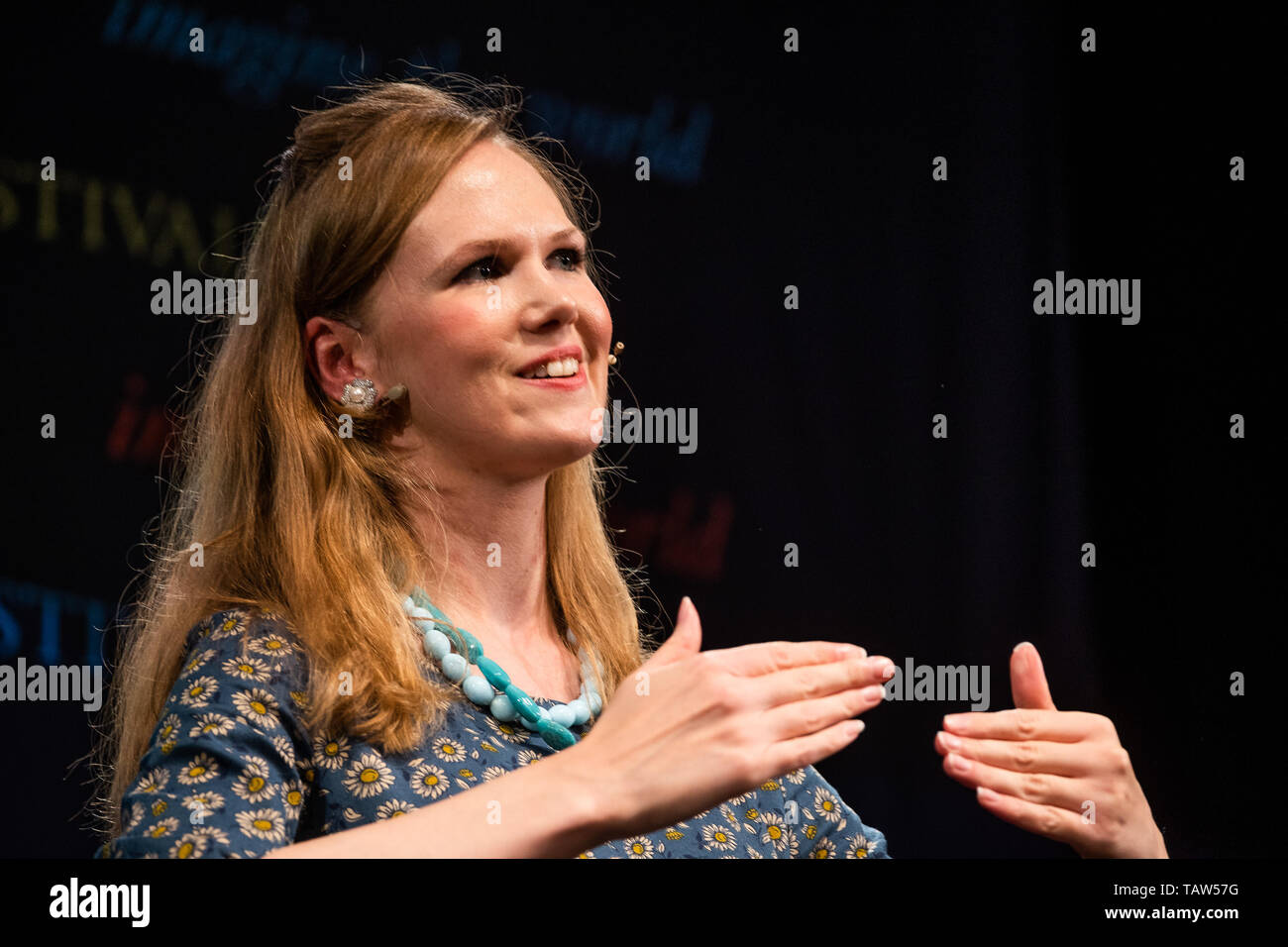 The Hay Festival, Hay on Wye, Wales UK, Tuesday 28th May 2019. Historian DAISY DUNN talking about her fascination with the lives of Pliny The Elder and Younger at the 32nd annual Hay Festival of Literature and the Arts. The festival, held every year in the small town of Hay on Wye on the Wales - England border, attracts the finest writers, politicians and intellectuals from across the globe for 10 days of celebration of the best of the written word and critical debate Photo Credit: keith morris/Alamy Live News Stock Photo