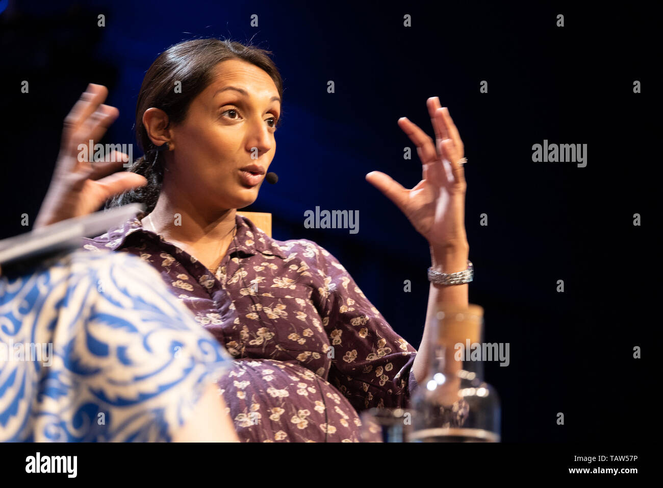 The Hay Festival, Hay on Wye, Wales UK, Tuesday 28th May 2019. Journalist and travel writer MONISHA RAJESH tlkig about her book 'Aroud the World in 80 Trains' at the 32nd annual Hay Festival of Literature and the Arts. The festival, held every year in the small town of Hay on Wye on the Wales - England border, attracts the finest writers, politicians and intellectuals from across the globe for 10 days of celebration of the best of the written word and critical debate Photo Credit: keith morris/Alamy Live News Stock Photo