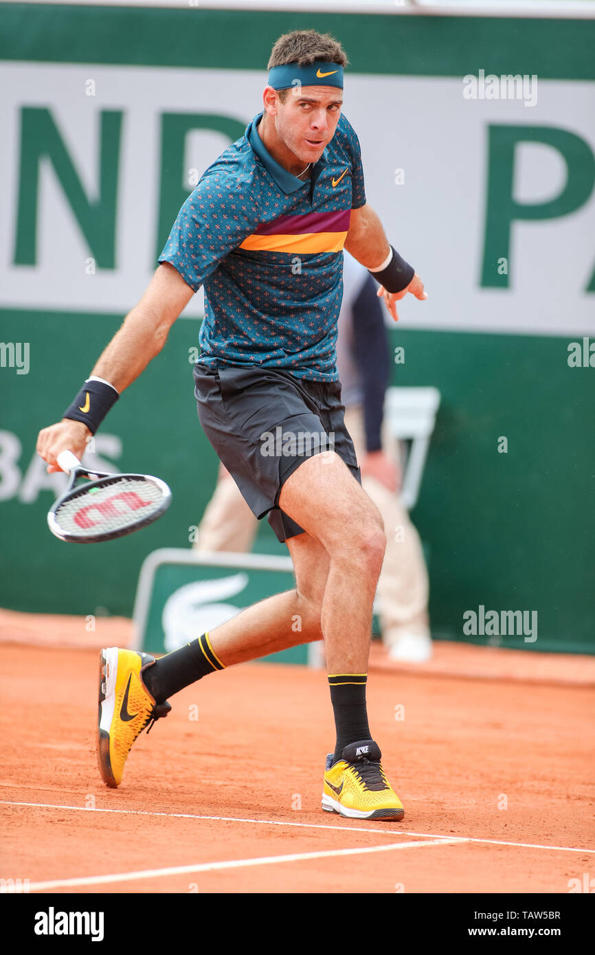 Juan Martin del Potro of Argentina during the men's singles first round  match of the French Open tennis tournament against Nicolas Jarry of Chile  at the Roland Garros in Paris, France on