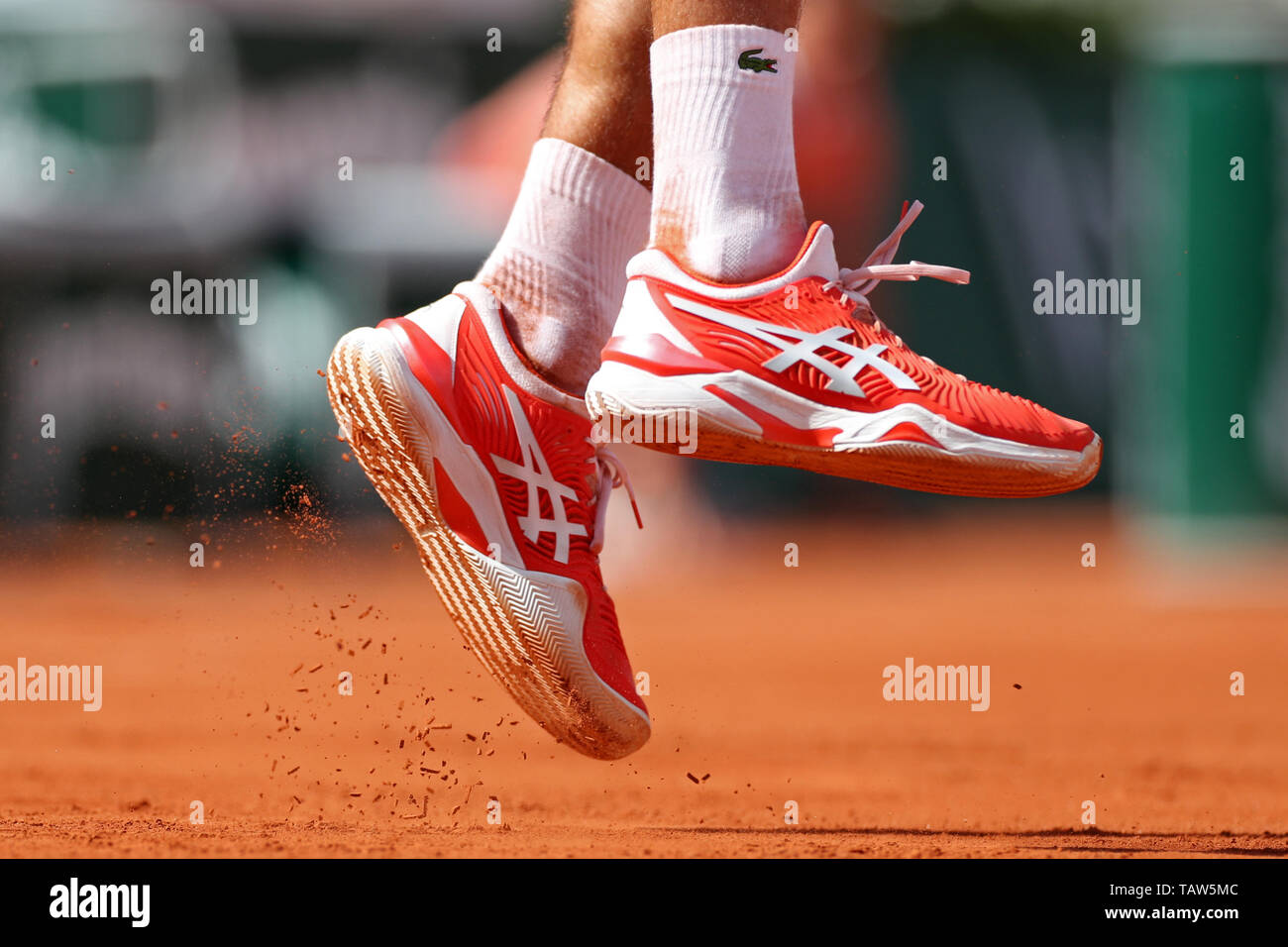 Paris, France. 28th May, 2019. Paris, France. 28th May, 2019. Roland  Garros, paris, France; French Open Tennis tournament; Novak Djokovic (SRB)  plays Asics shoes on the red clay court Credit: Action Plus