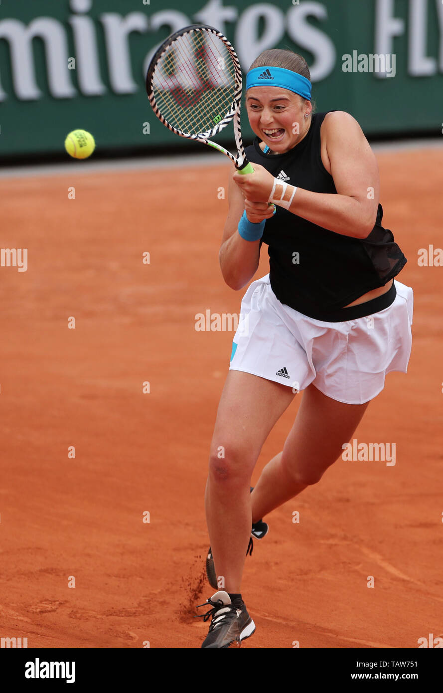 Paris. 28th May, 2019. Jelena Ostapenko of Latvia returns the ball during  the women's singles first round match with Victoria Azarenka of Belarus at French  Open tennis tournament 2019 at Roland Garros