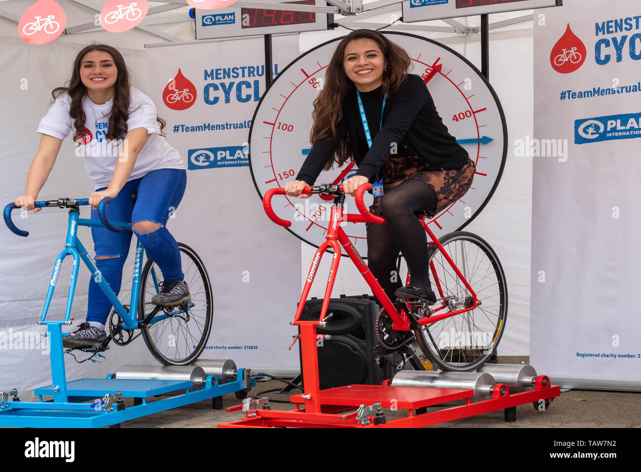 London 28th May 2019  Menstrual Hygiene Day is marked by Plan International with an event 'the menstrual cycle' on London's South Bank with the public riding stationary bikes to finish the menstrual cycle course Credit Ian Davidson/Alamy Live News Stock Photo