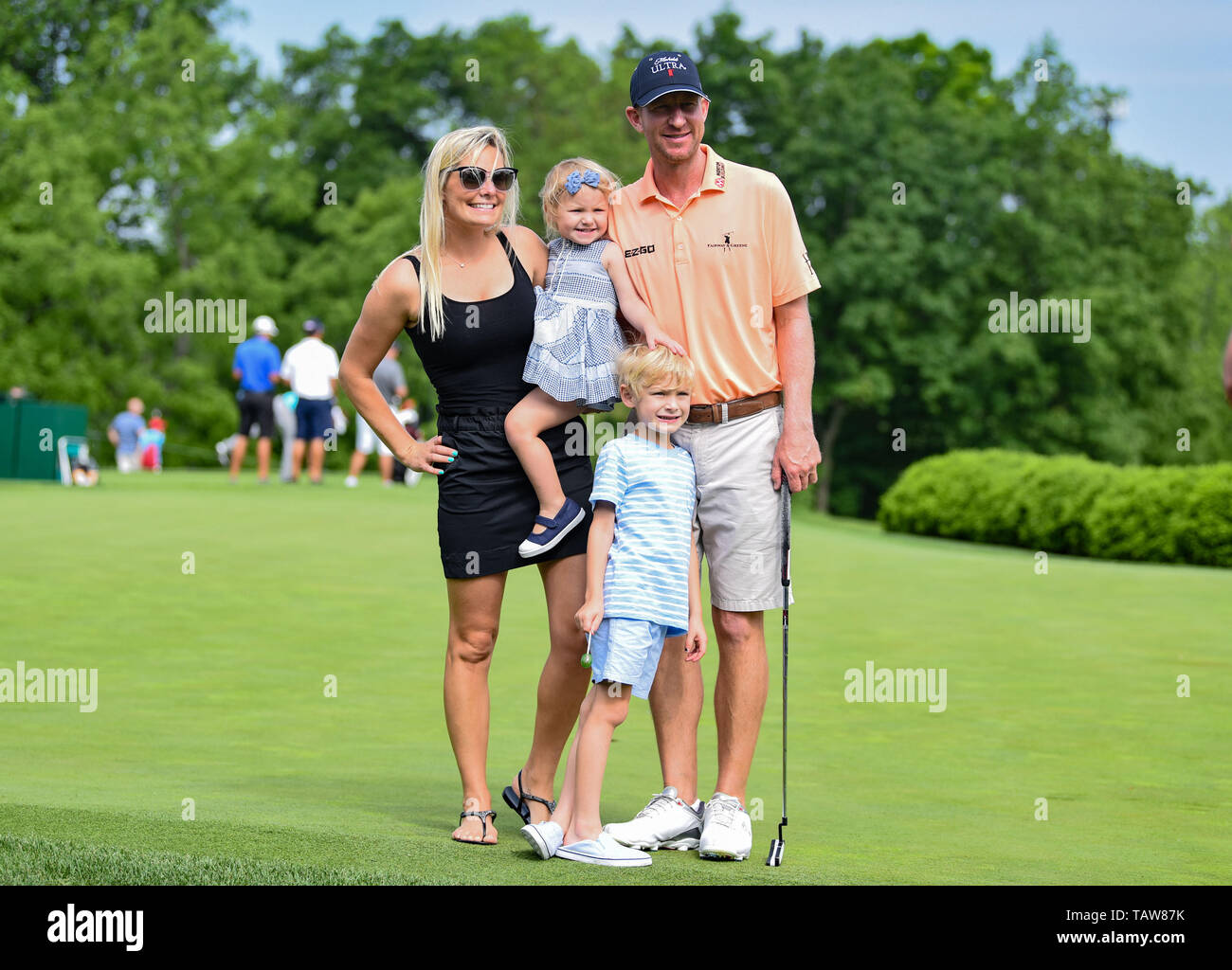 Dublin, OH, USA. 27th May, 2019. Vaughn Taylor poses for a picture with his Wife, Leot, Son, Locklyn, and Daughter, Vanilla during practice round play at the 2019 Memorial Day Tournament presented by Nationwide at Muirfield Village Golf Club in Dublin, OH. Austyn McFadden/CSM/Alamy Live News Stock Photo