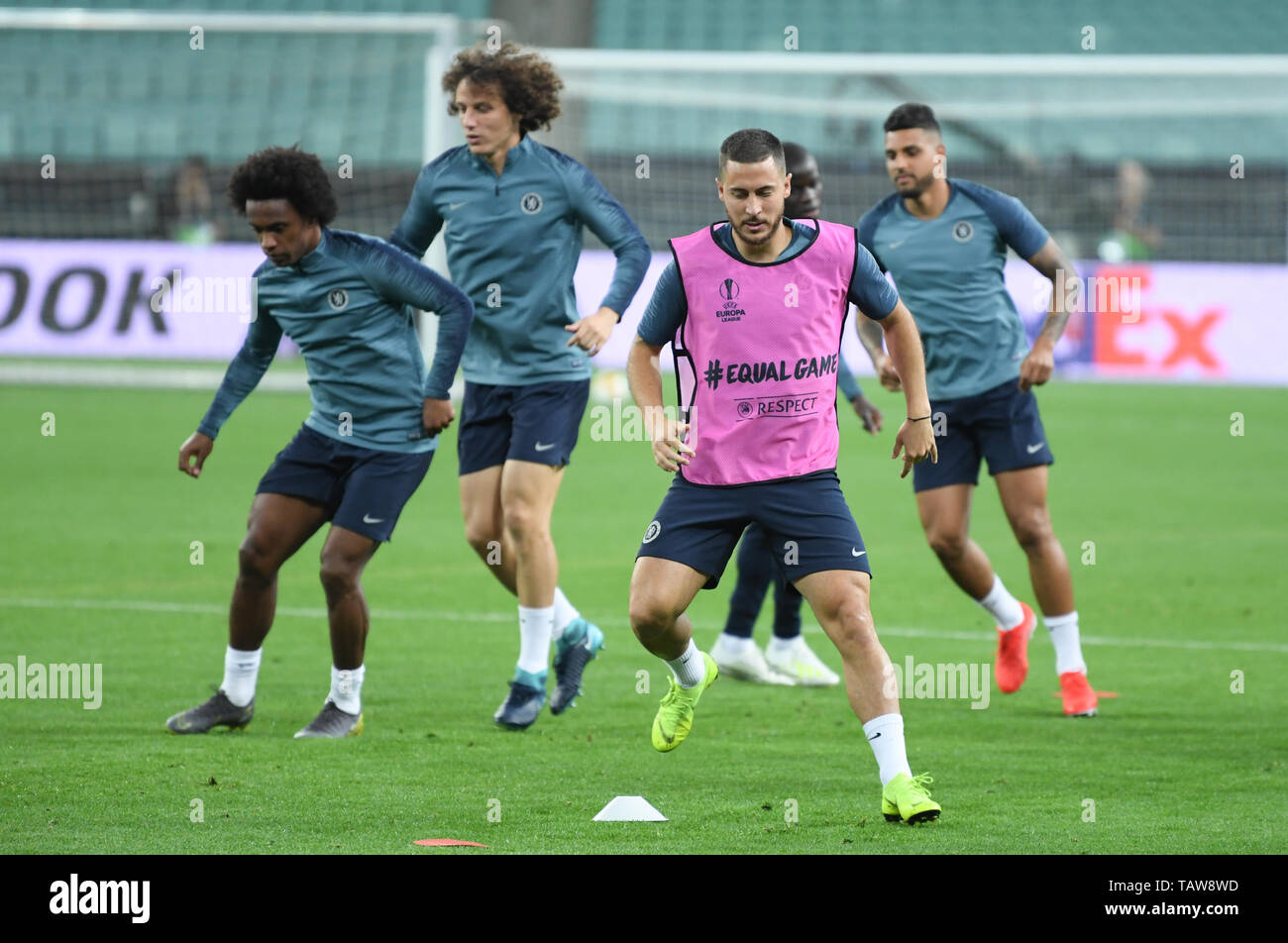 Baku, Azerbaijan. 28th May, 2019. Willian (l-r), David Luiz, Eden Hazard and Emerson Palmieri will take part in Chelsea FC's final training session at the Olympic Stadium. The final of the Europa League between FC Chelsea and FC Arsenal will take place here on 29 May 2019. Credit: Arne Dedert/dpa/Alamy Live News Stock Photo