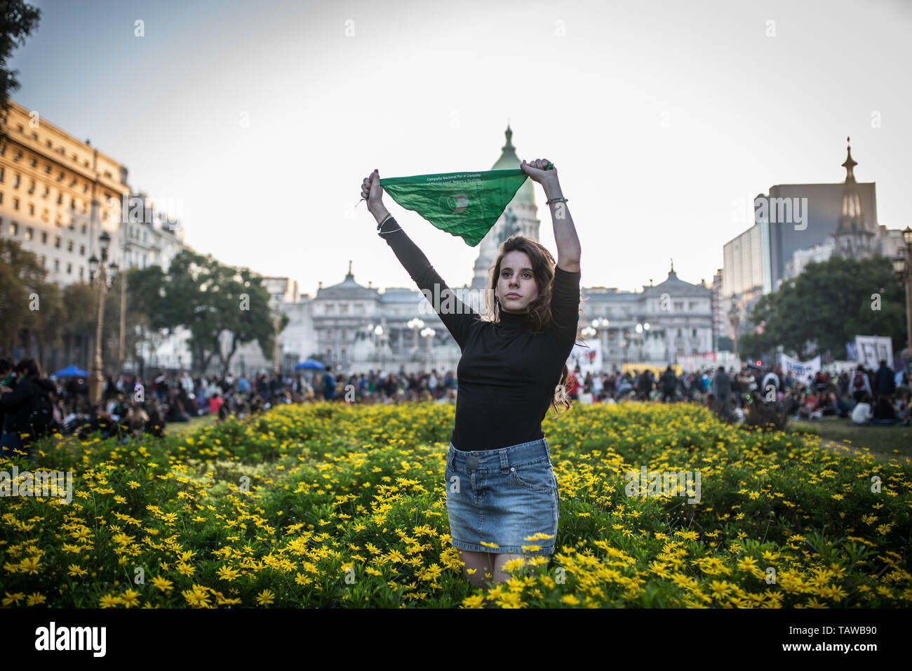 Buenos Aires, Argentina. 28th May, 2019. During a demonstration for the legalization of abortion before Congress, an advocate of abortion holds up a green cloth symbolizing the abortion rights movement in Argentina. Legislators have announced that they will introduce a law that will legalize abortions for up to 14 weeks. Credit: Nicolas Villalobos/dpa/Alamy Live News Stock Photo