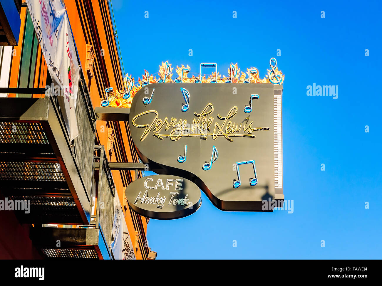 A sign hangs outside the Jerry Lee Lewis Cafe and Honky Tonk, Sept. 12, 2015, in Memphis, Tennessee. Stock Photo