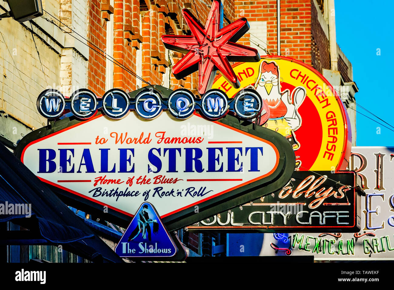 A welcome sign advertises Beale Street, Sept. 12, 2015, in Memphis, Tennessee. Stock Photo