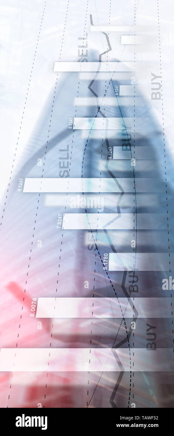 Vertical Panorama Banner. Financial stock trading graph chart diagram business finance concept double exposure mixed media. Stock Photo