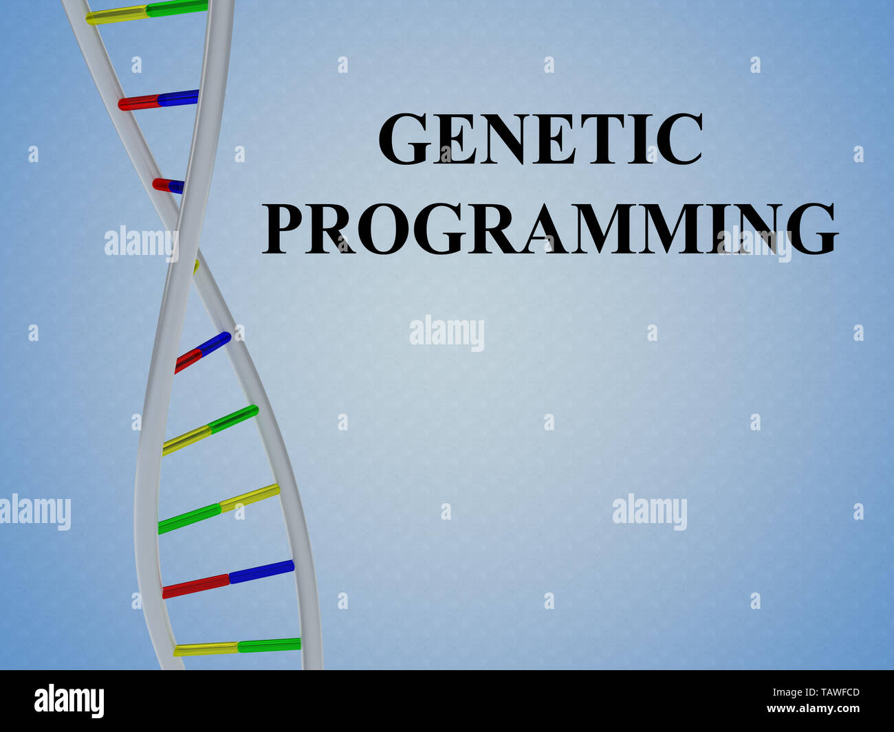 3D illustration of GENETIC PROGRAMMING script with DNA double helix , isolated on colored pattern. Stock Photo