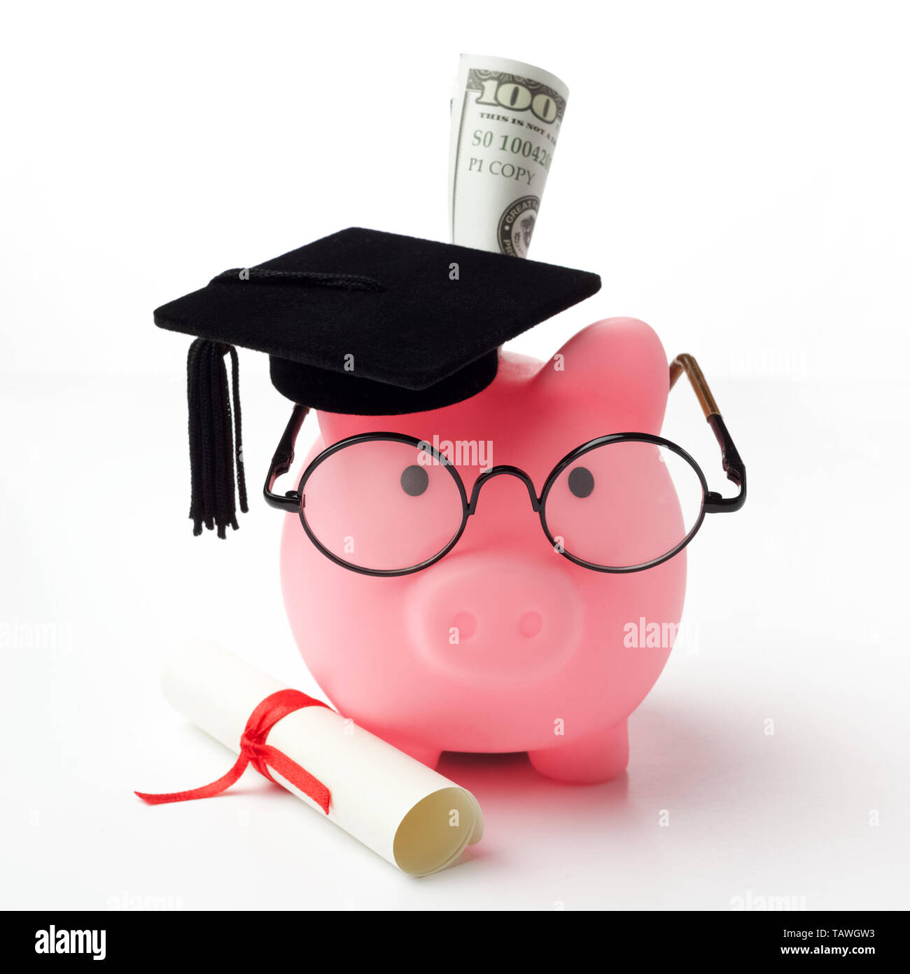College graduate student diploma piggy bank isolated on white background Stock Photo