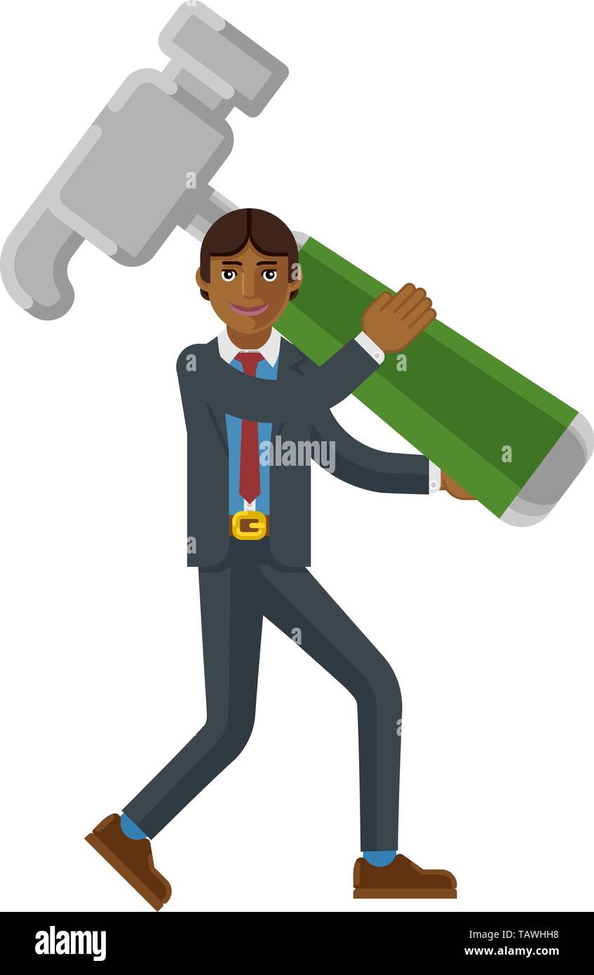 Asian Business Man Holding Hammer Mascot Concept  Stock Vector