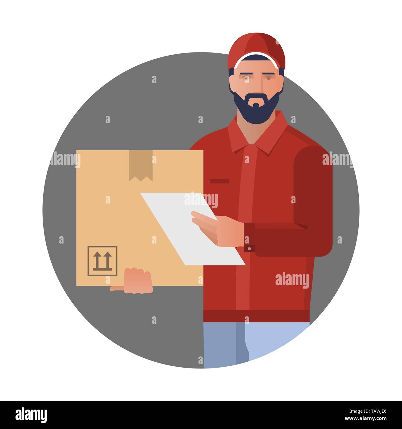 Vector design concept with illustration of a bearded courier man from a cargo delivery service with a box in his hands. There is a place for the title Stock Vector