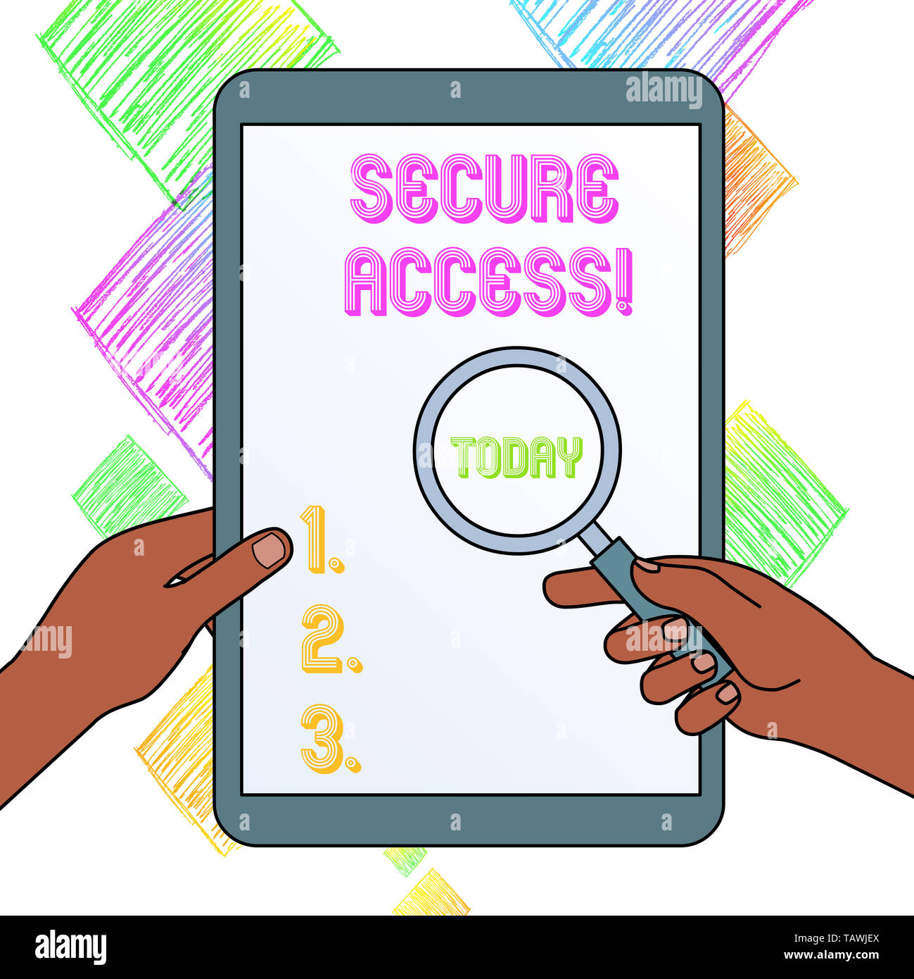 Writing note showing Secure Access. Business concept for enhance the security and cryptography perforanalysisce in devices Hands Holding Magnifying Gl Stock Photo
