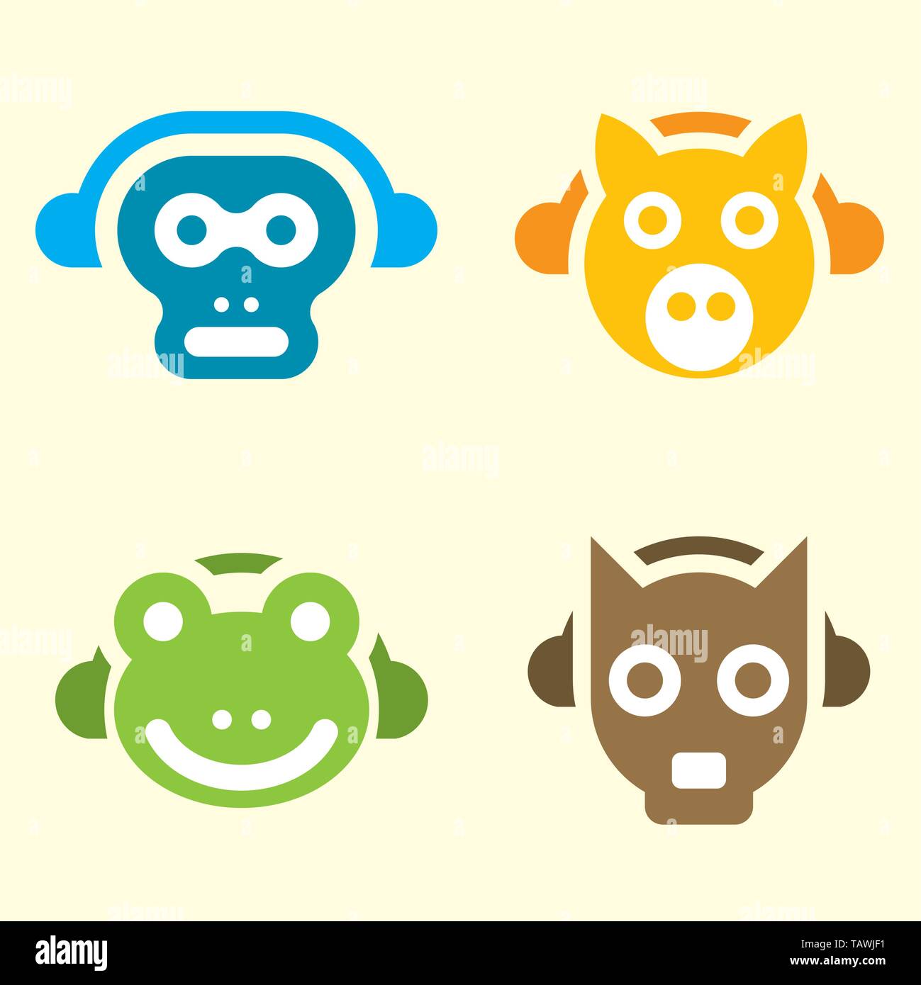 Vector illustration eps10. Four icons of musical animals with headphones. Stock Vector