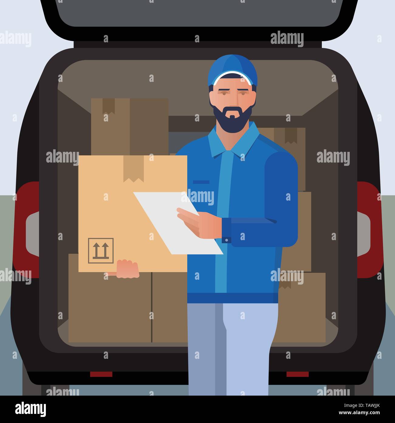 Vector illustration on the theme of delivery with the image of a bearded delivery man courier on the background of boxes in a delivery minibus. Stock Vector