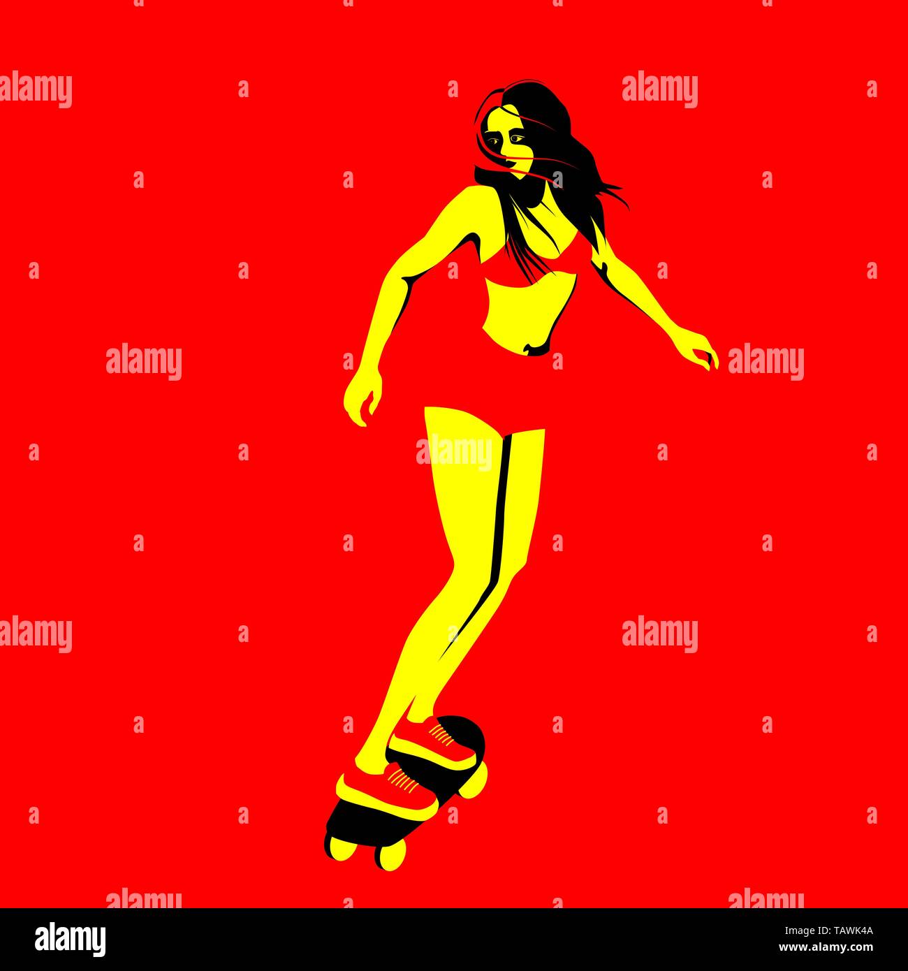 Young girl, in sportswear on a longboard, skateboard. Minimal poster in flat style. Vector illustration Stock Vector