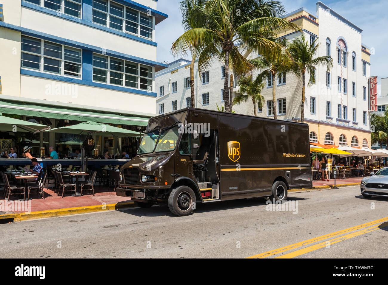 Miami, FL, USA April 19, 2019 The UPS Truck on the Ocean Drive at