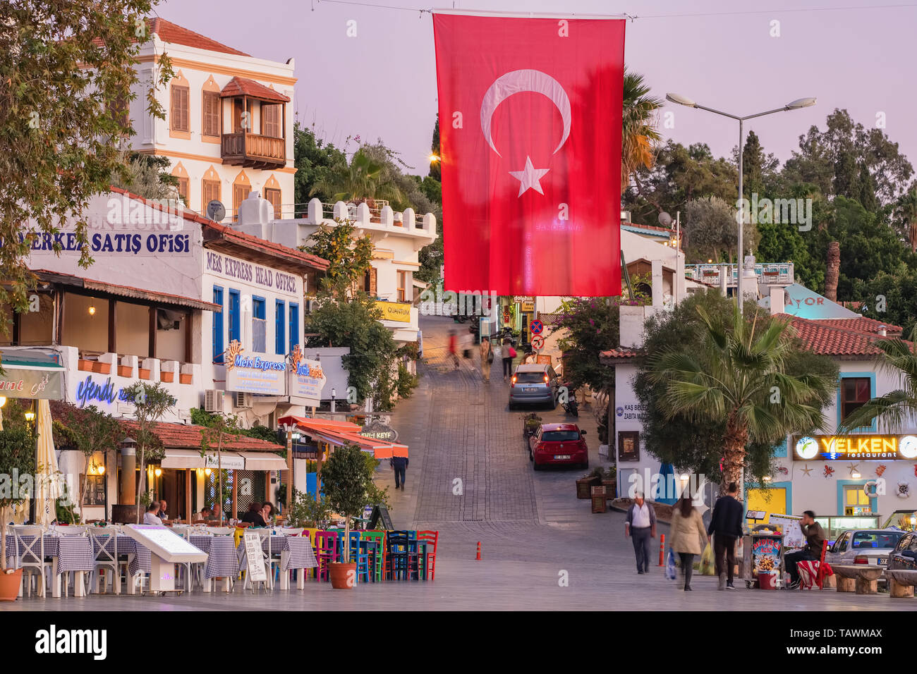 Main square of the mediterranean town Kas in Turkey.  Stock Photo