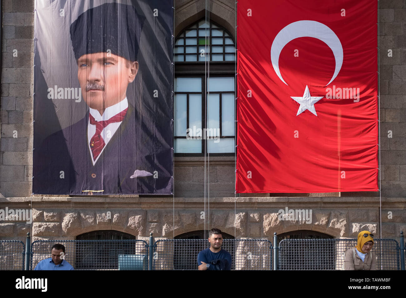 Turkish national flag and Portrait of Ataturk, founder of Turkish Republic, on the streets of Ankara, Turkey Stock Photo