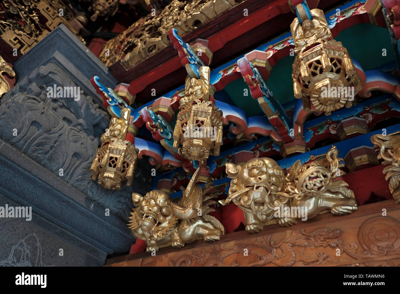 Ceiling decorations of the Taoist Zushi Temple located along Sanxia Old Street in Sanxia District, New Taipei, Taiwan.  Qingshui, known locally as Zushi-Gong or Chóo-su-kong is the principal god worshiped at Zushi Temple. Stock Photo