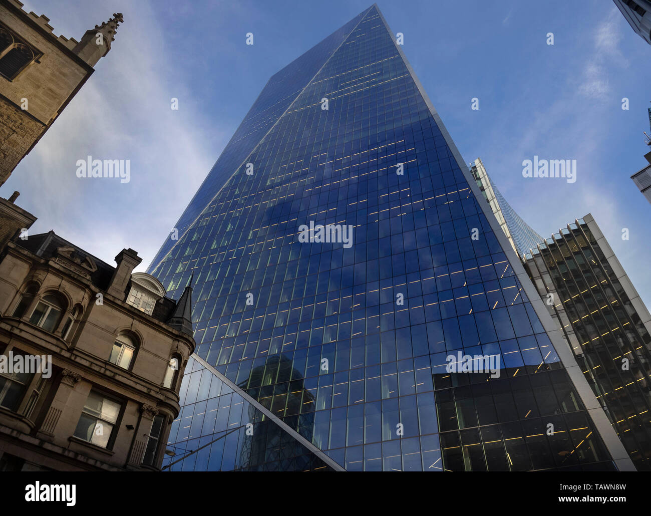 Skycrapers in the 'City' of London one of the leading centres of global finance in prospective from below. Stock Photo