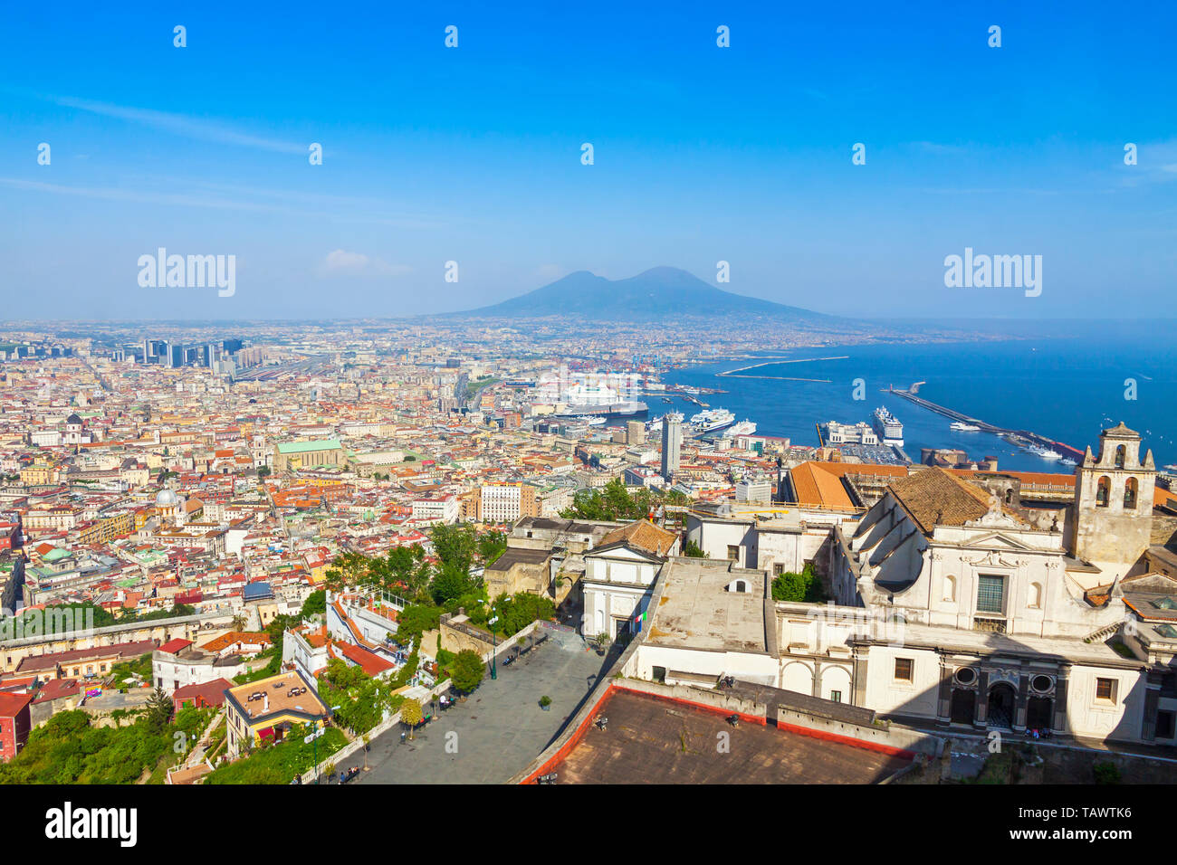 Panoramic aerial view of Napoli city with famous Mount Vesuvius and Gulf of Naples on the background, Campania region, Italy Stock Photo