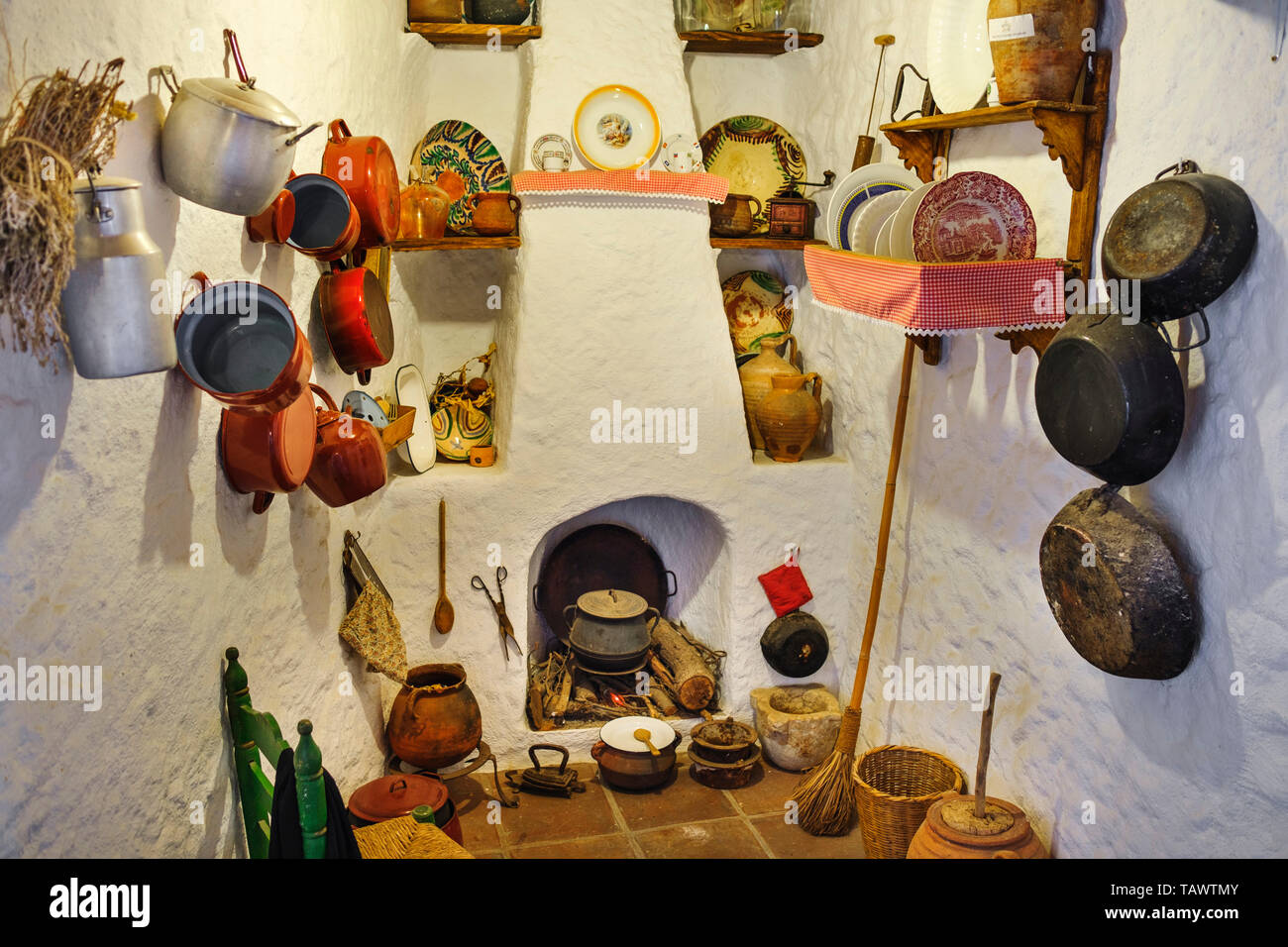 Typical traditional Andalusian kitchen. Casa Ethnographic Museum, Mijas Pueblo. Malaga province, Costa del Sol. Andalusia, Spain Europe Stock Photo
