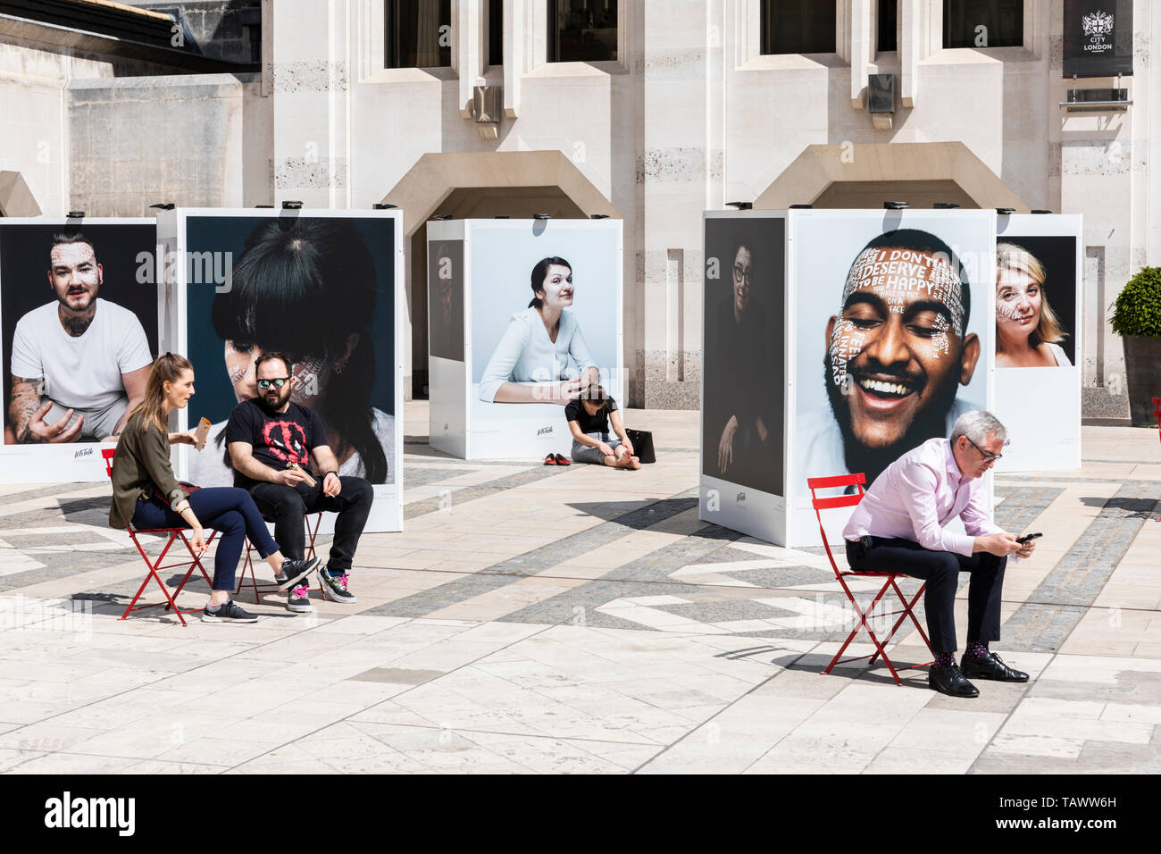 The Let's Talk campaign photography exhibition installed at the Guildhall Yard in London for Mental Health Awareness Week. Stock Photo