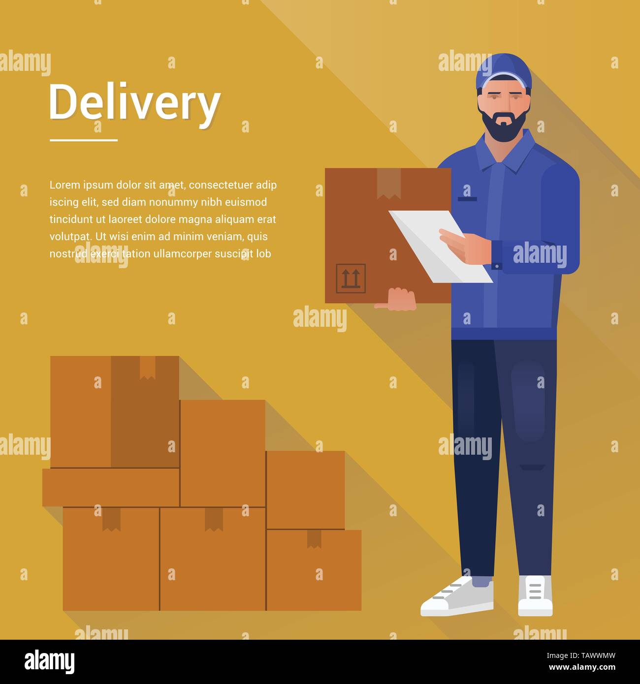 Vector design concept with illustration of a bearded courier man from a cargo delivery service Stock Vector